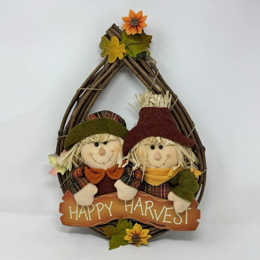 Vintage Happy Harvest Grapevine Fall Scarecrows Door Hanger Wreath 16